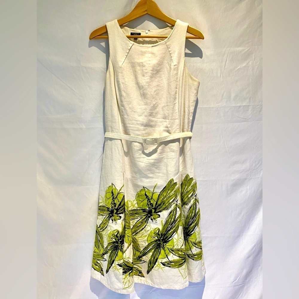 Talbots Dragonfly Print Belted Linen Dress Sheath White (size 10)